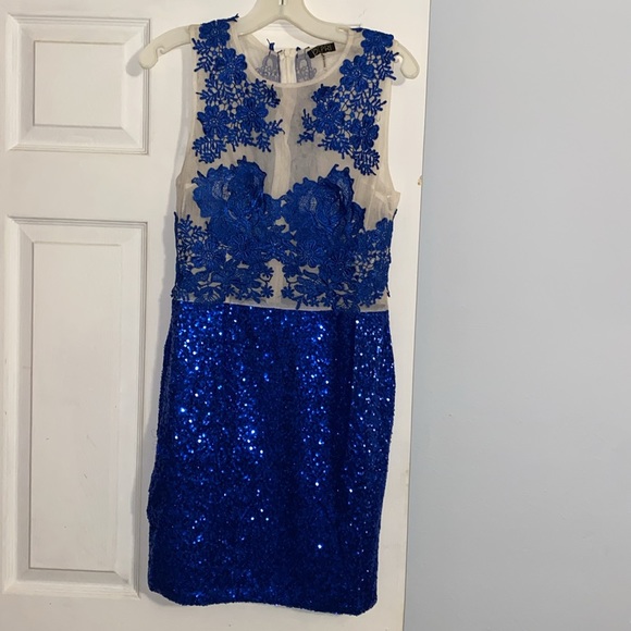❌DONATED❌Royal Blue Crochet Appliqué Sequins Mesh Lined Mini Dress - Picture 5 of 16